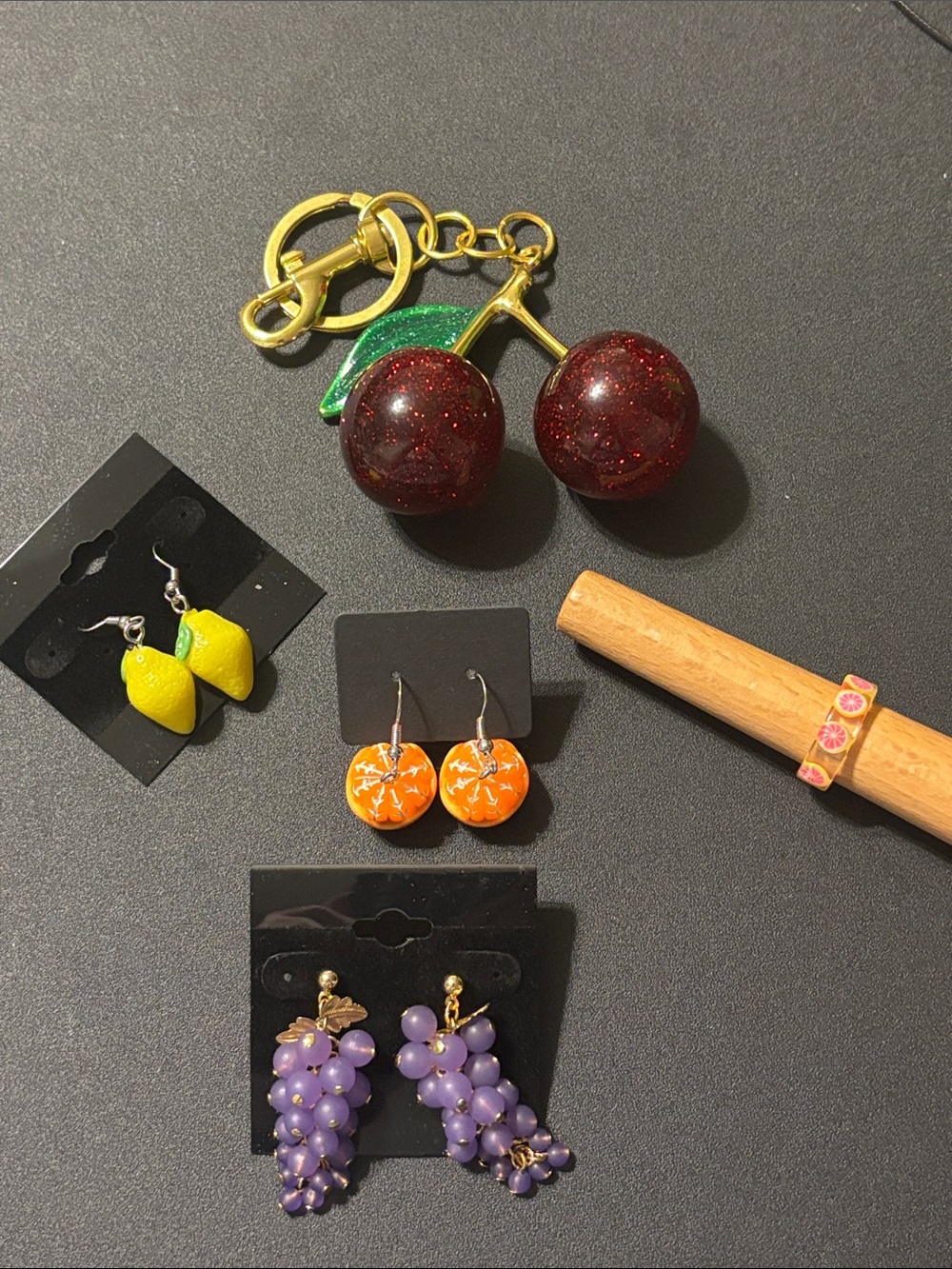 Fruit Lemons,Oranges,Grape Earrings, Grapefruit Ring, and Cherry Charm Keychain